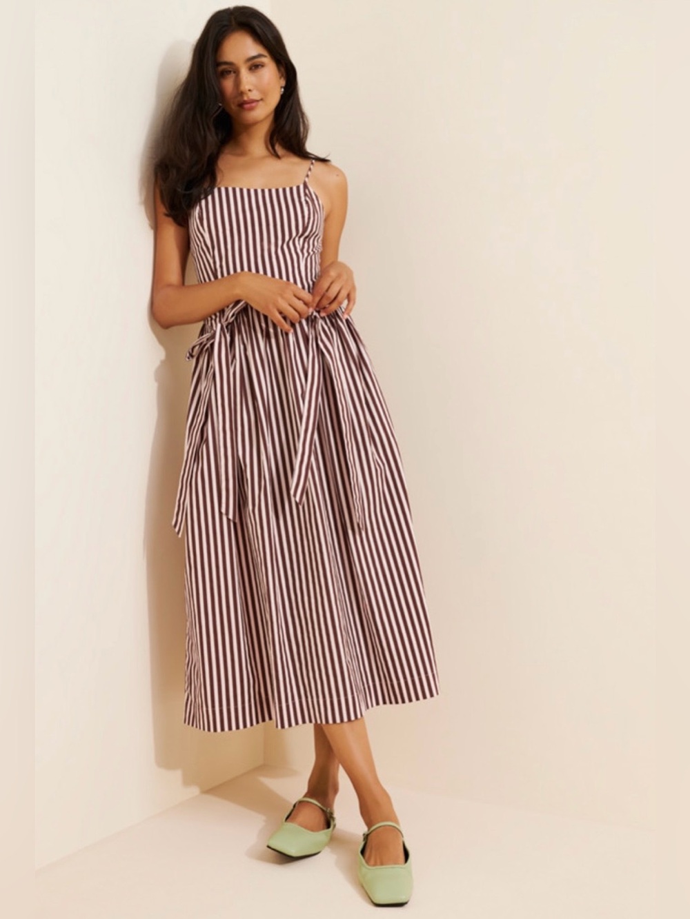 Damson Madder Penelope Bow Apron Midi Dress Brown Pink Striped Sz XS US 2 UK 6